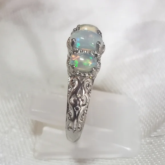 SOLDPremium Ethiopian Welo Opal Trilogy Ring Platinum over Sterling Silver - Picture 3 of 6